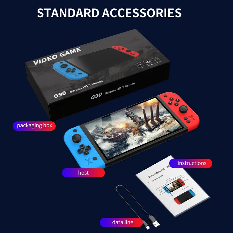 G90 video game console with packaging, host, data line, and instructions on a dark background