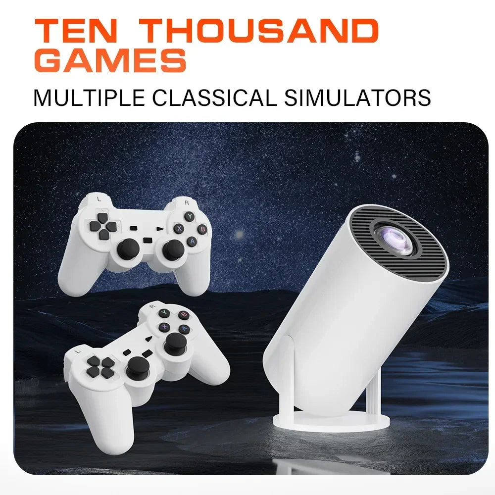 Two white gaming controllers and a white telescope on a dark background with text about games and simulators.