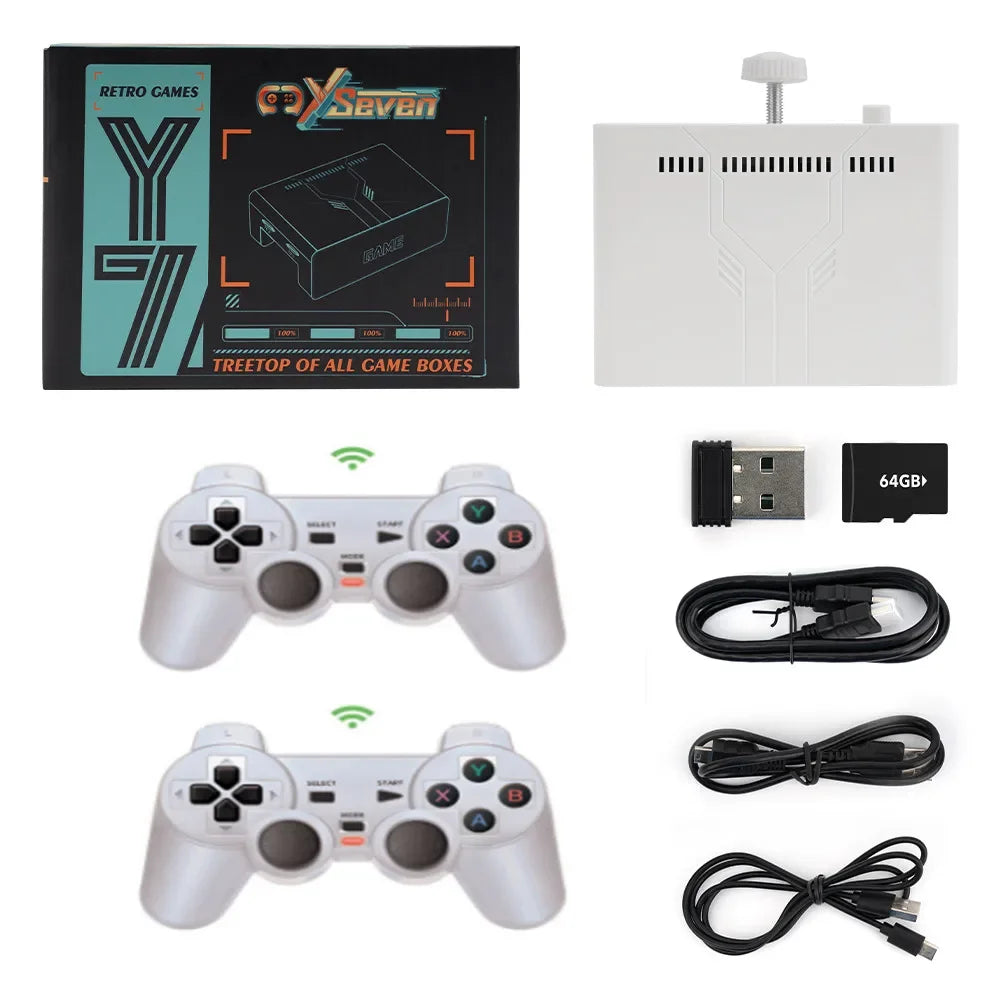 Collection of gaming accessories including controllers, USB cable, and game console on a white background.