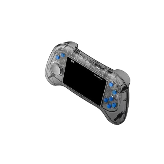 Transparent gaming controller with blue buttons on a white background