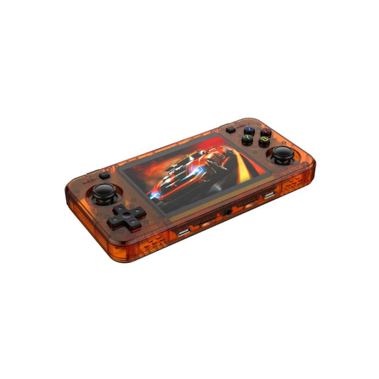 Handheld gaming console with transparent orange casing on a white background