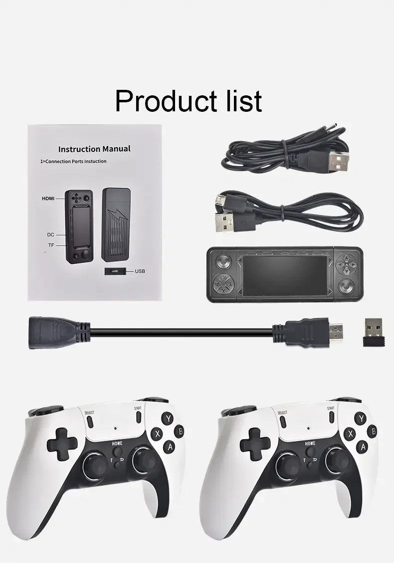 Product list with gaming controllers, cables, and manual on a white background