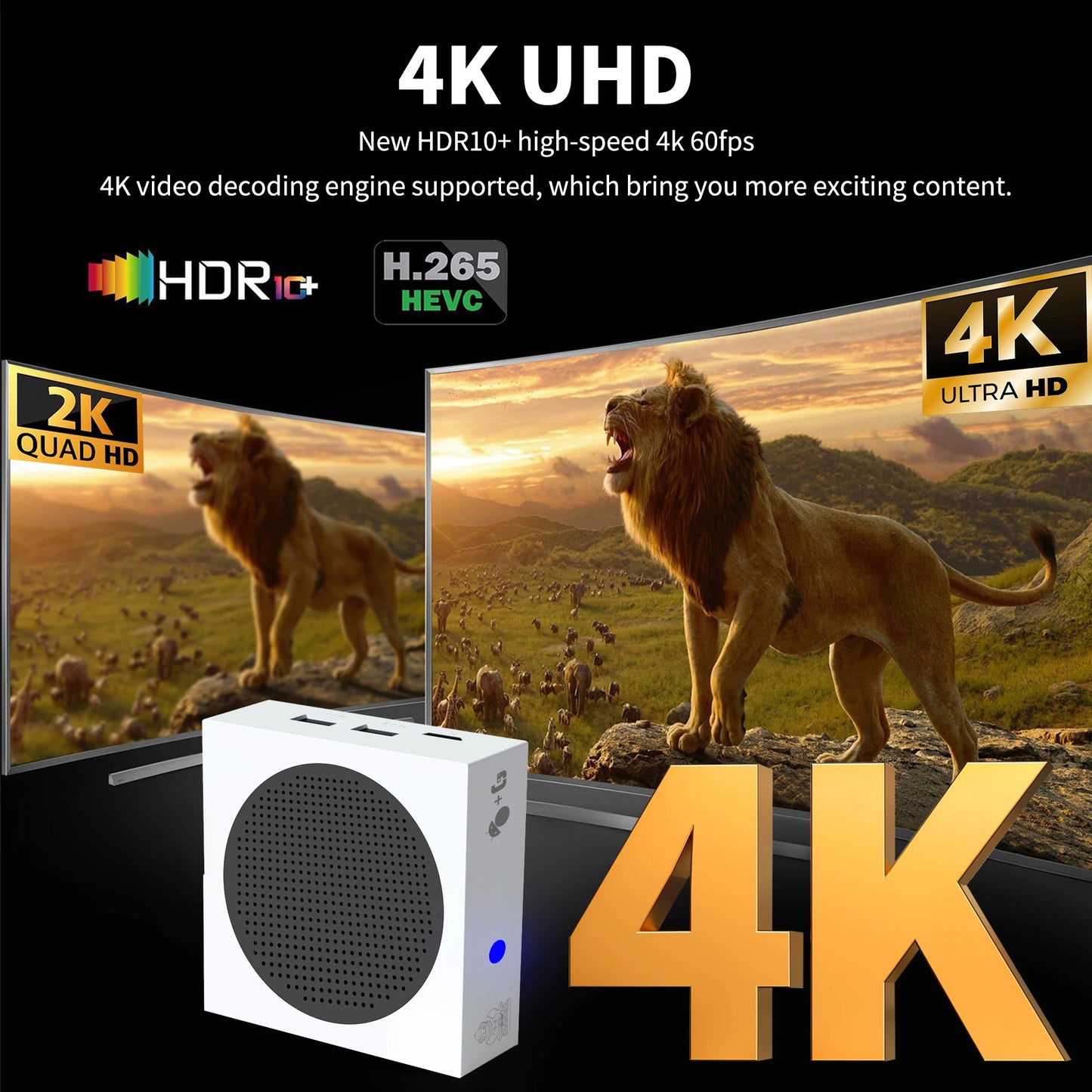 4K UHD TV displaying a lion scene with text about video decoding engine and HDR10+ technology.