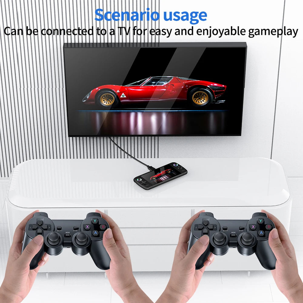 Two hands holding gaming controllers with a TV displaying a red car, connected by a cable.