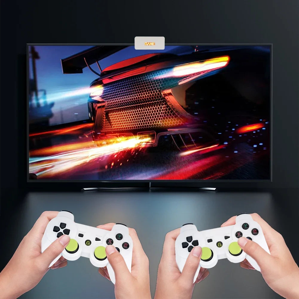 Two hands holding white gaming controllers in front of a TV displaying a racing game.