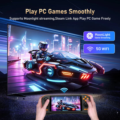 Person playing a racing game on a handheld device with a large screen displaying a futuristic cityscape and racing car.